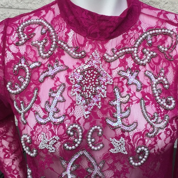 NEW ASOS Pink Pearl Sequin Sheer Lace long sleeve Mock Top 2 - Picture 7 of 8